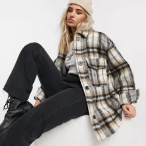 BERSHKA Shacket Flannel Plaid Camel Black wool button down women size XS