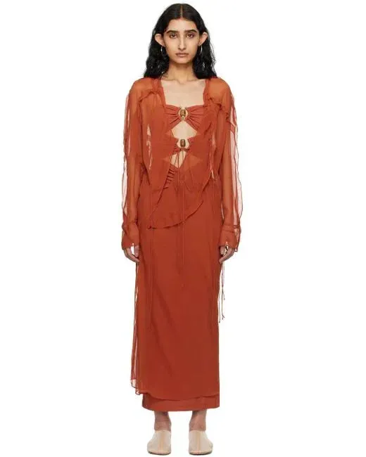 Bias Concave Long Sleeve Dress - Brick
