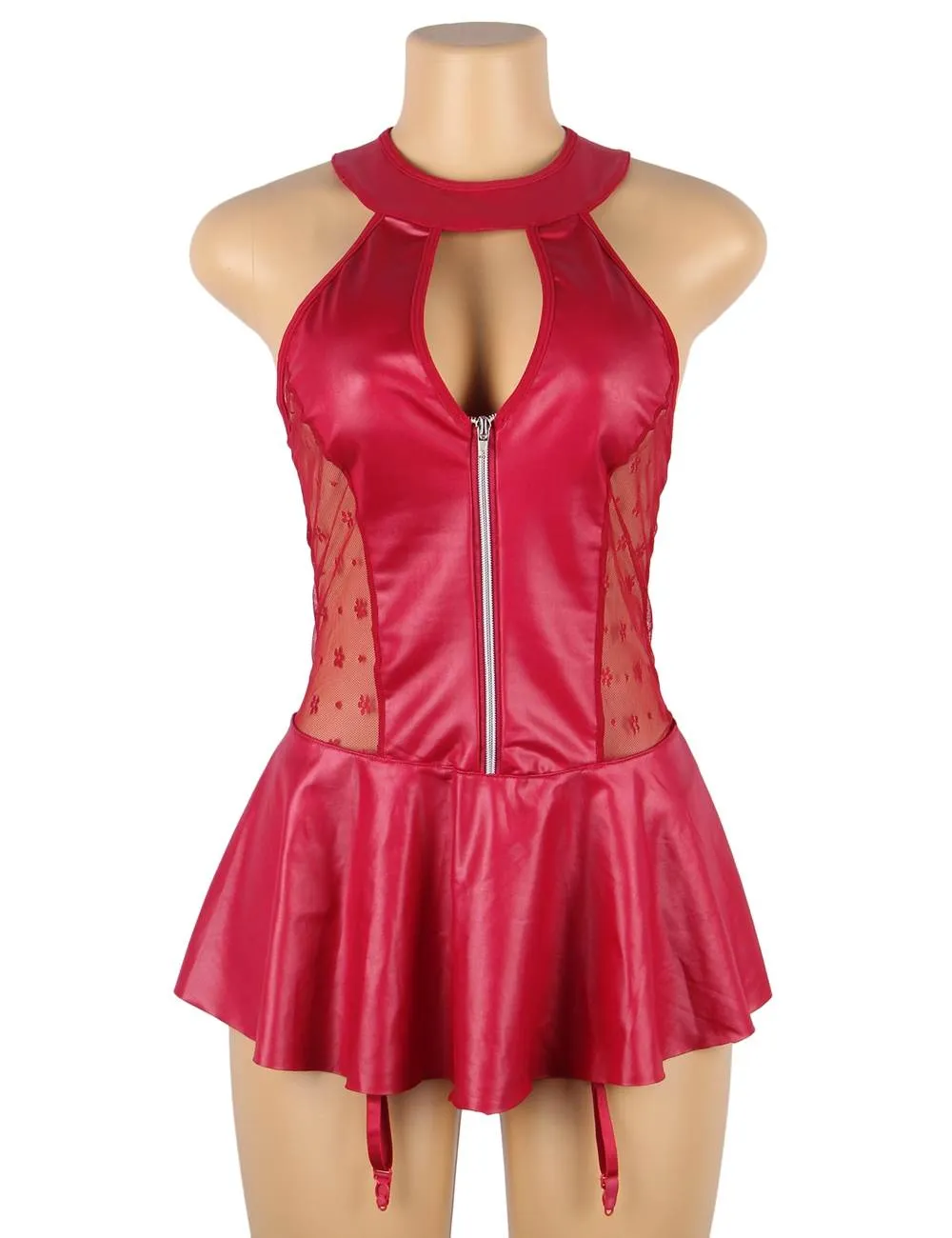 Black & Red Sexy Halter Leather Egypt Lace Stitching Gartered Lingerie