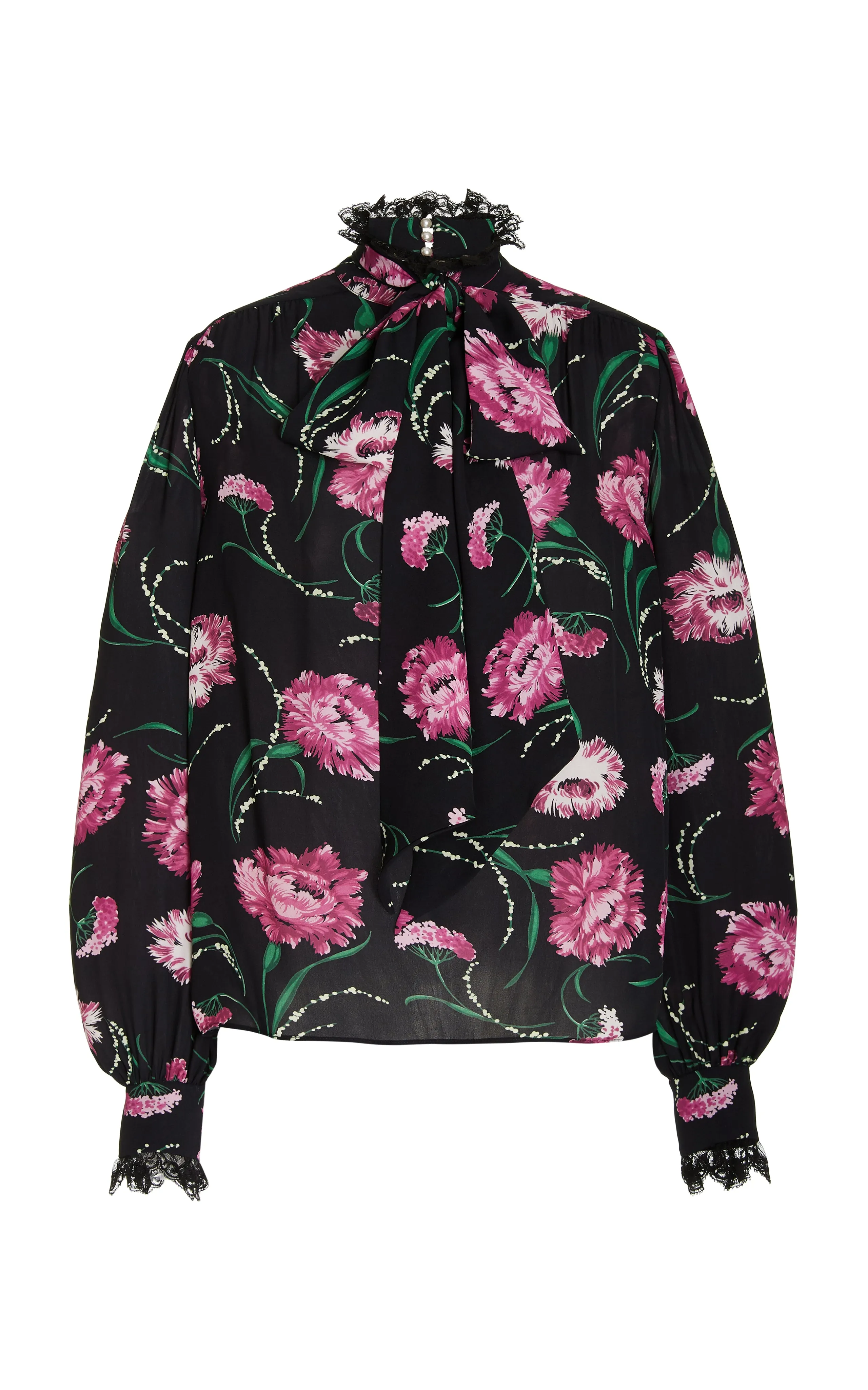 Black And Fuchsia Floral Silk Blouse With Lace Trim