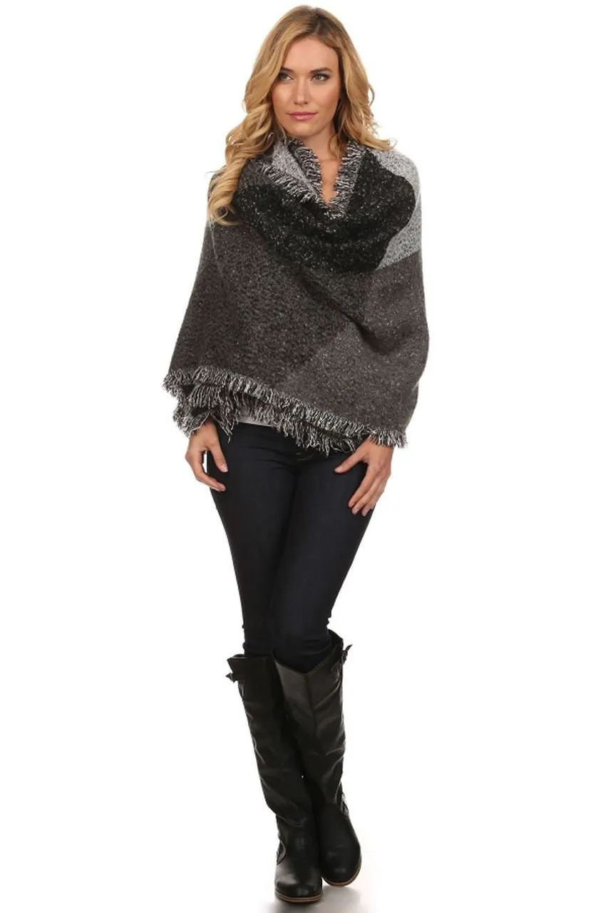 Black Gray Viscose Wool Blanket Cardigan Poncho One Size