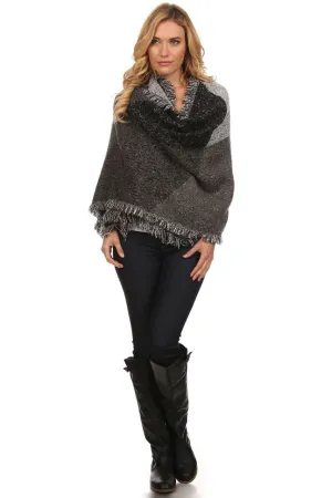 Black Gray Viscose Wool Blanket Cardigan Poncho One Size