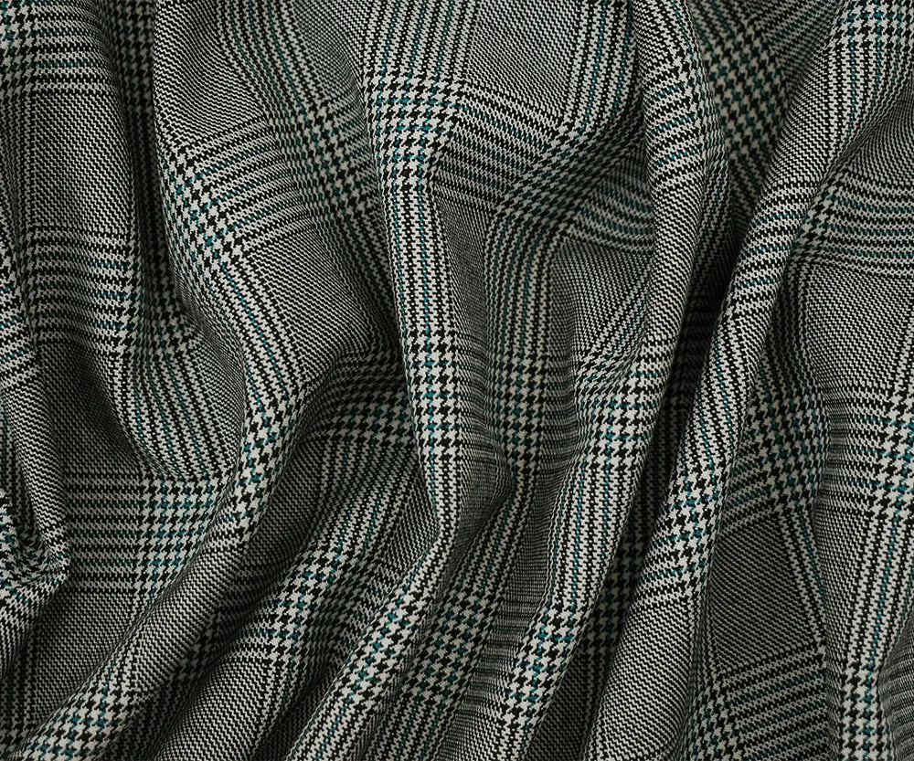 Black-Off-White-Green Poly-Wool Glen Plaid Check Suiting Woven Fabric