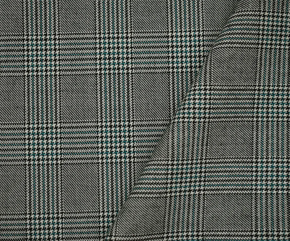 Black-Off-White-Green Poly-Wool Glen Plaid Check Suiting Woven Fabric