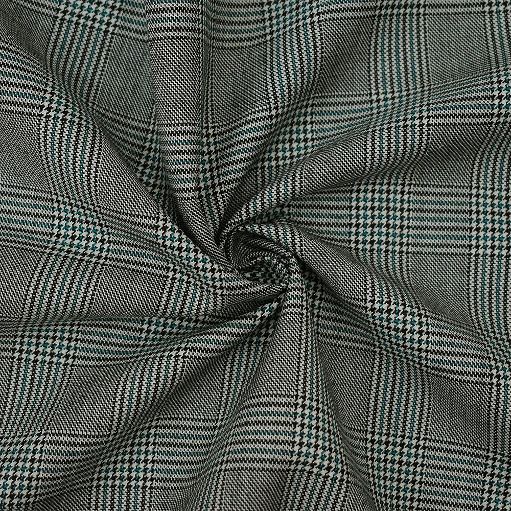 Black-Off-White-Green Poly-Wool Glen Plaid Check Suiting Woven Fabric