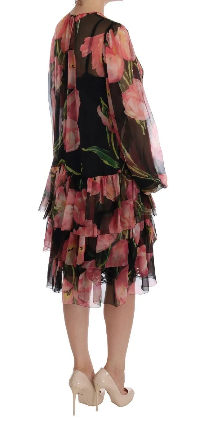 Black Pink Tulips Silk Dress