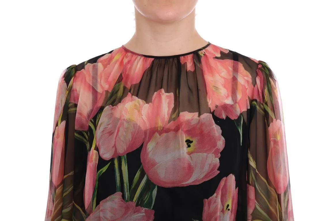 Black Pink Tulips Silk Dress