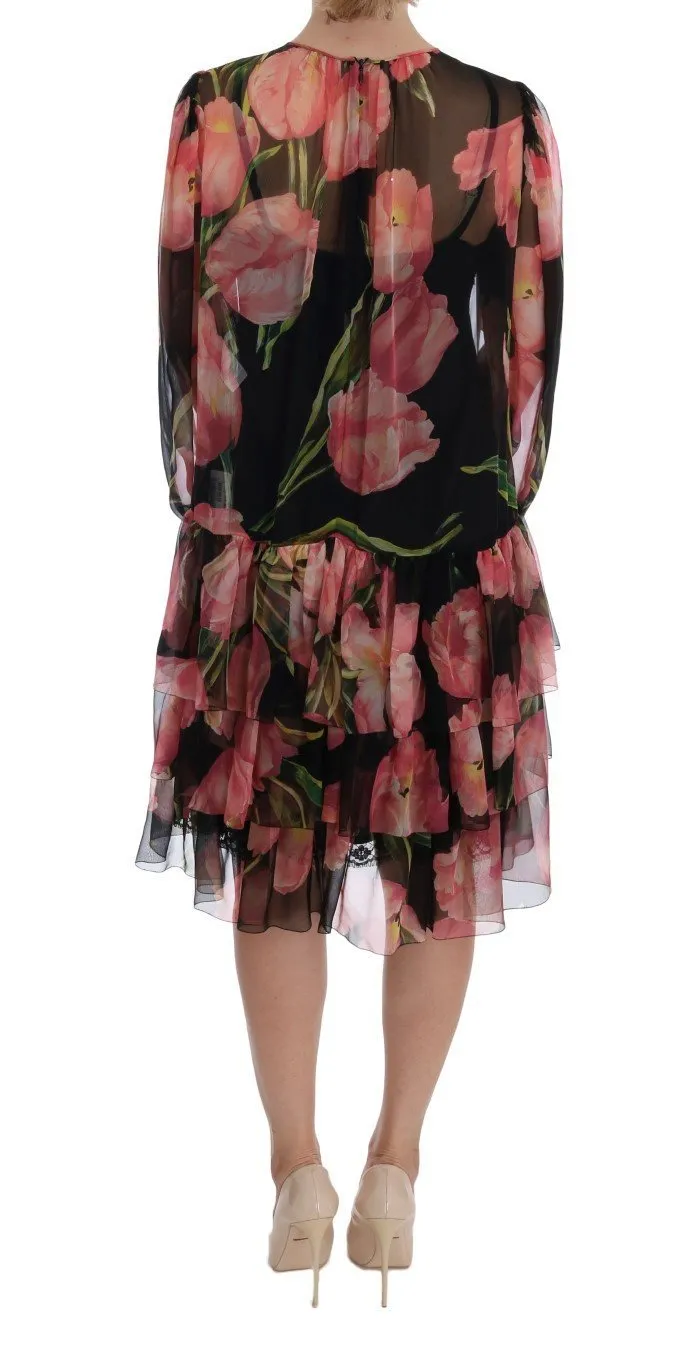 Black Pink Tulips Silk Dress