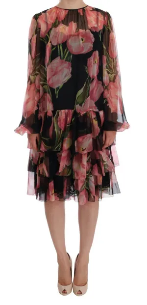 Black Pink Tulips Silk Dress