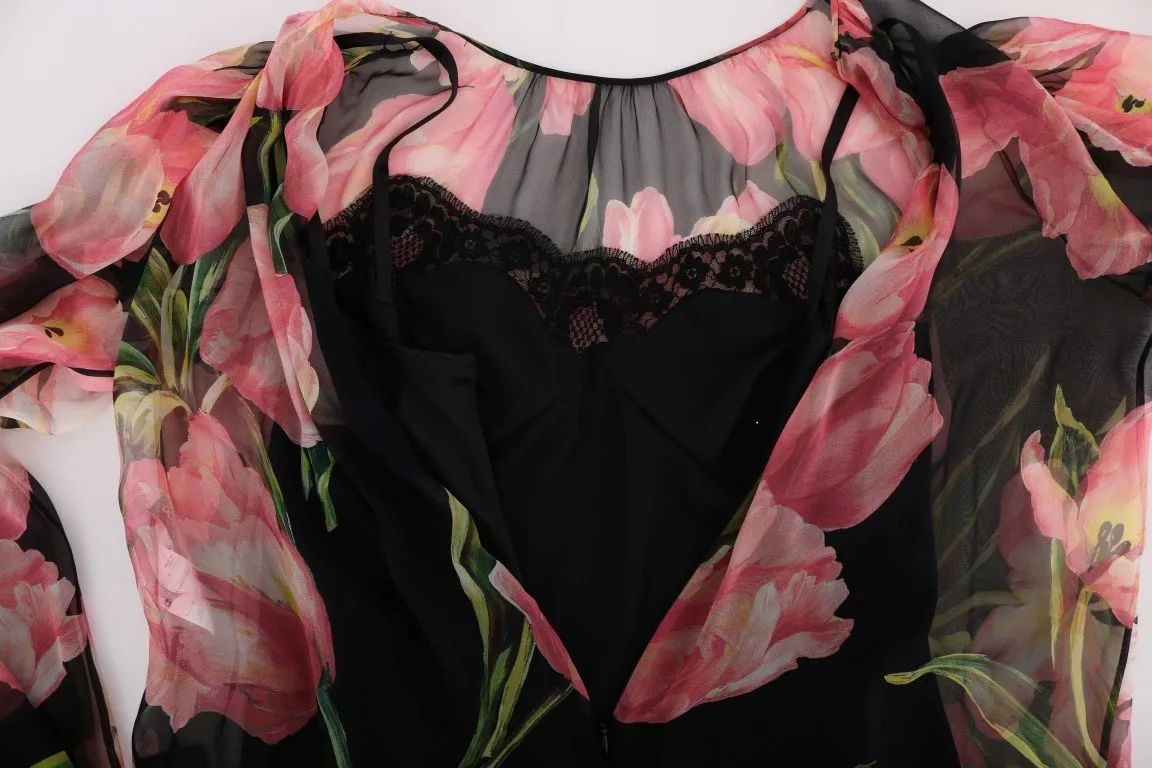 Black Pink Tulips Silk Dress