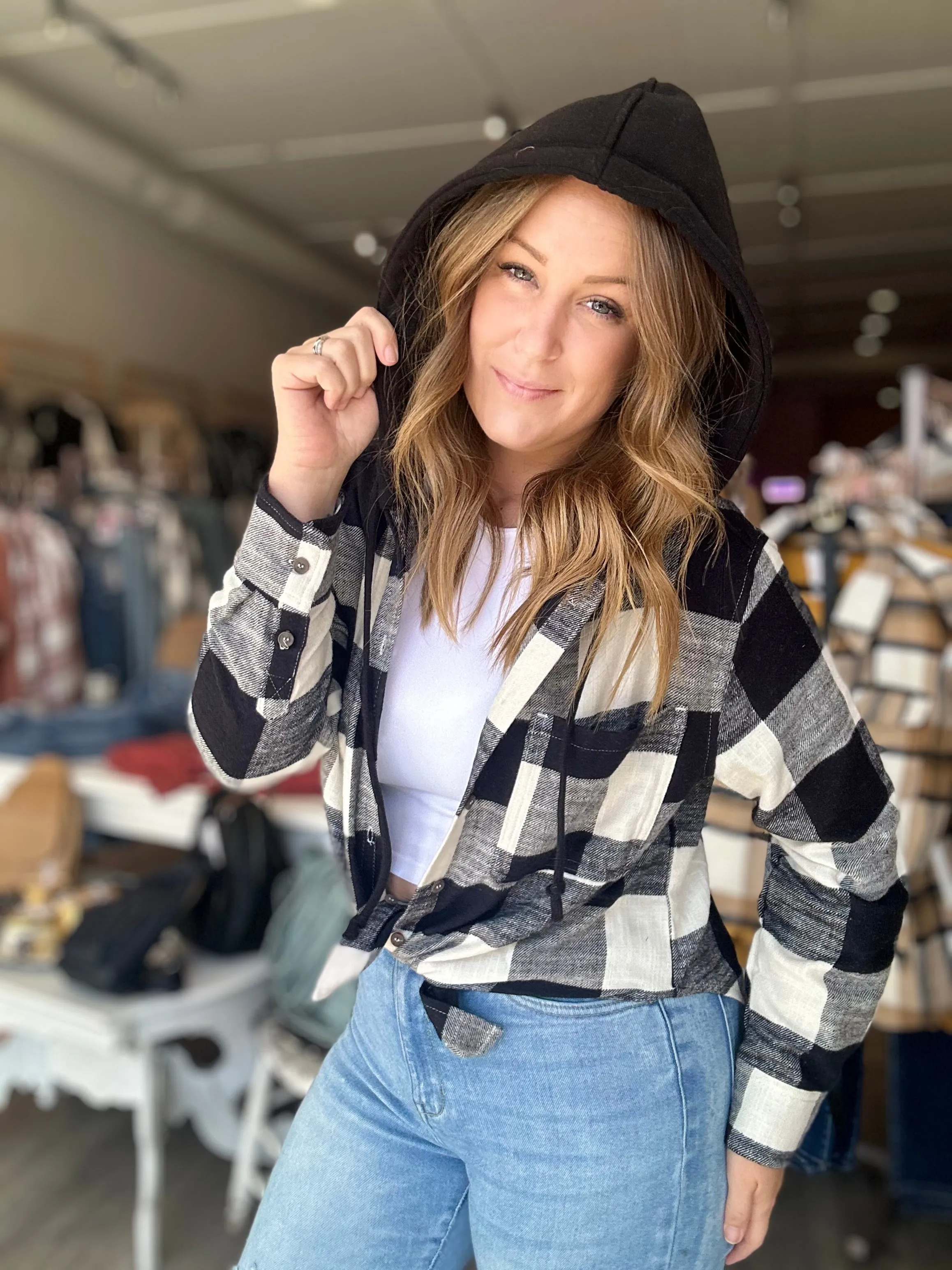 Black Plaid Hooded Shirt