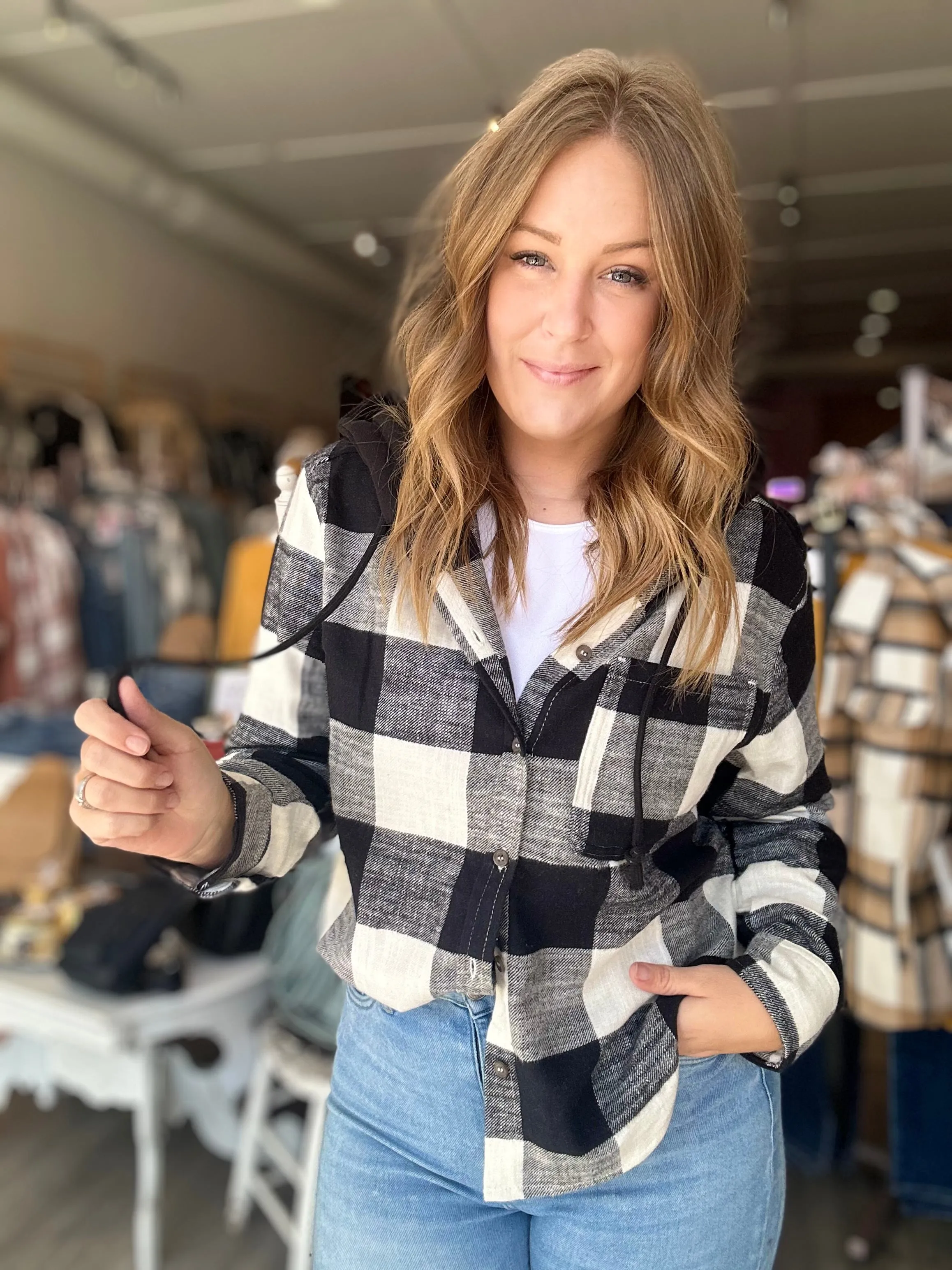 Black Plaid Hooded Shirt