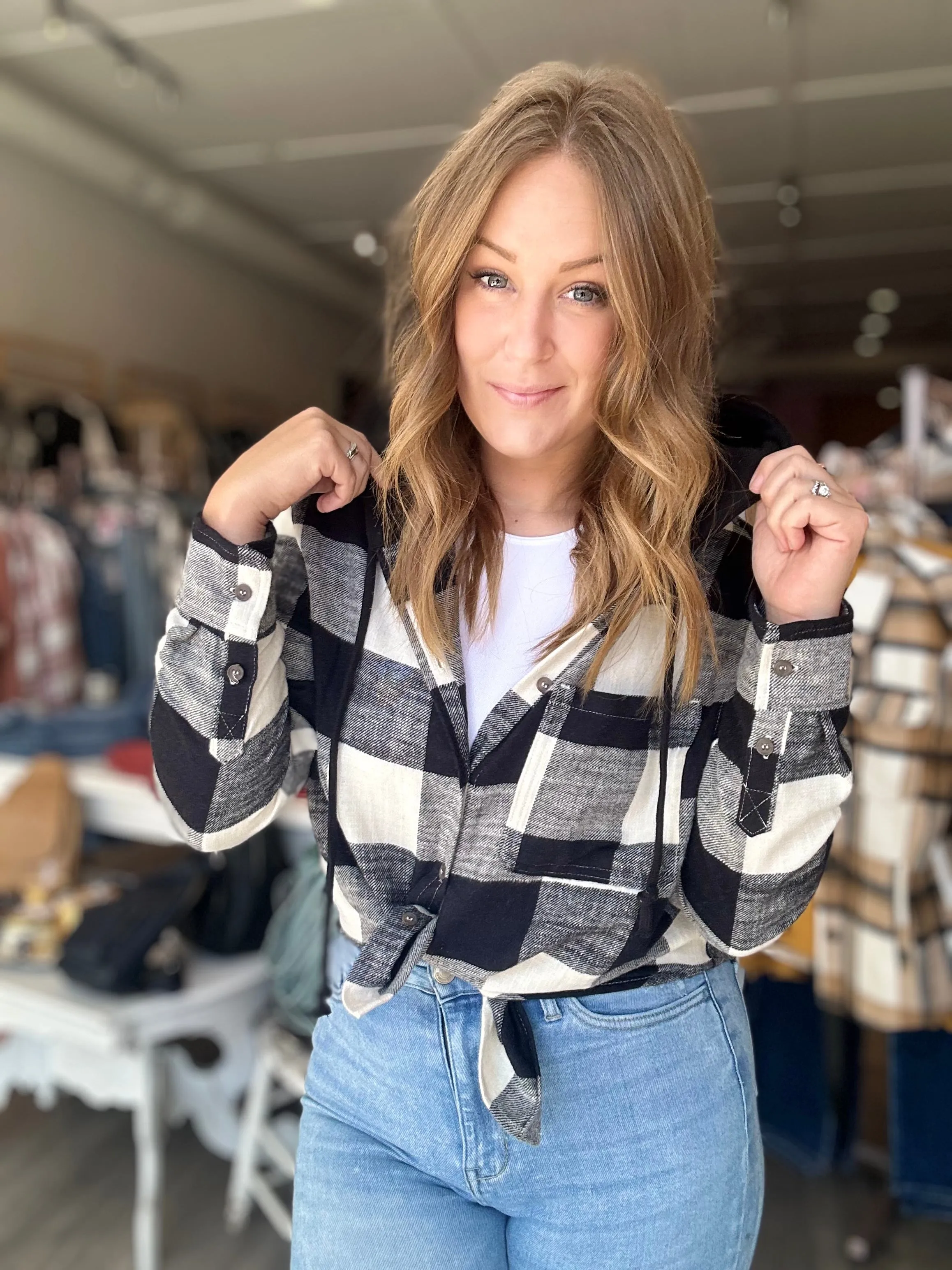 Black Plaid Hooded Shirt