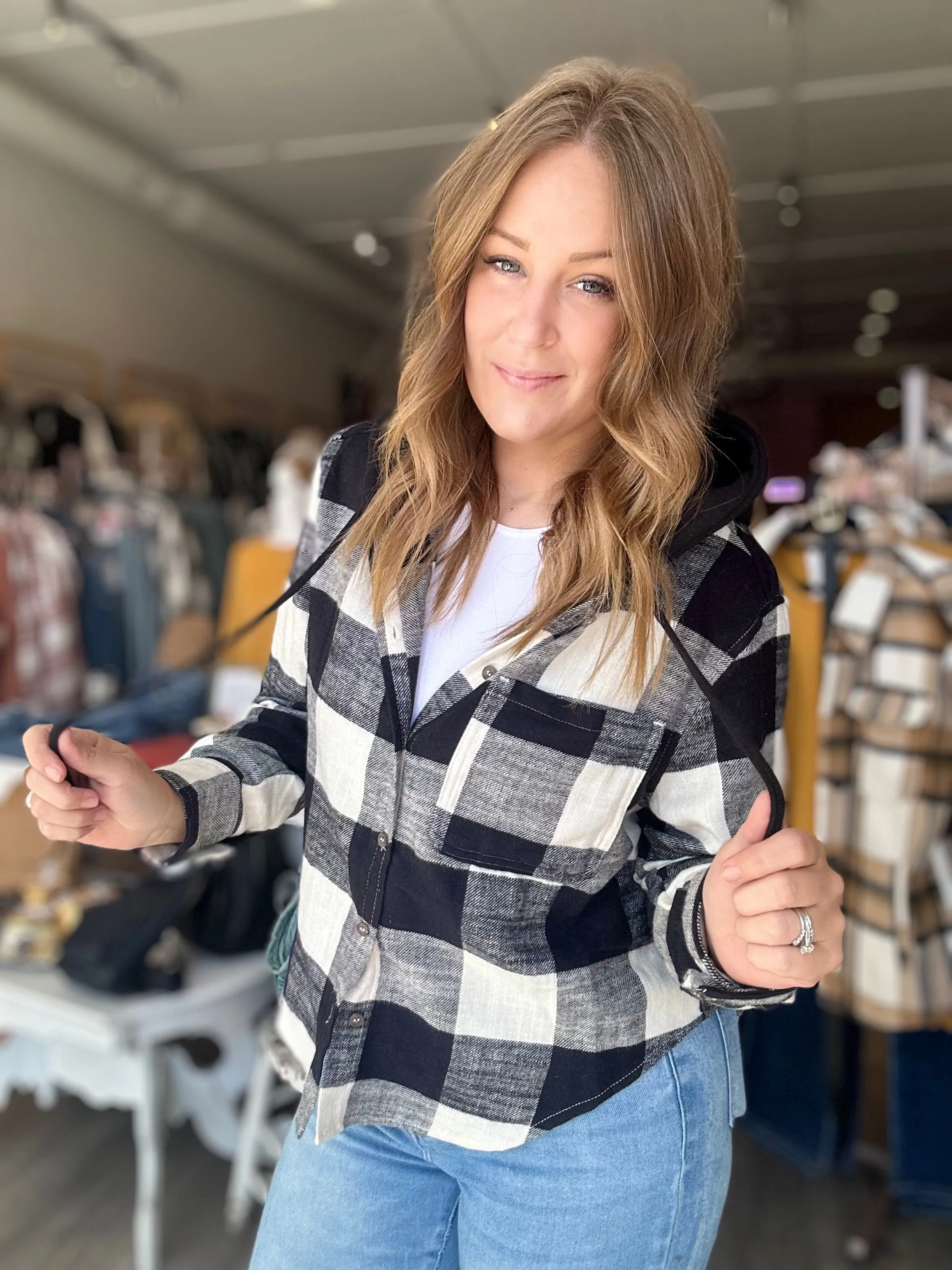 Black Plaid Hooded Shirt