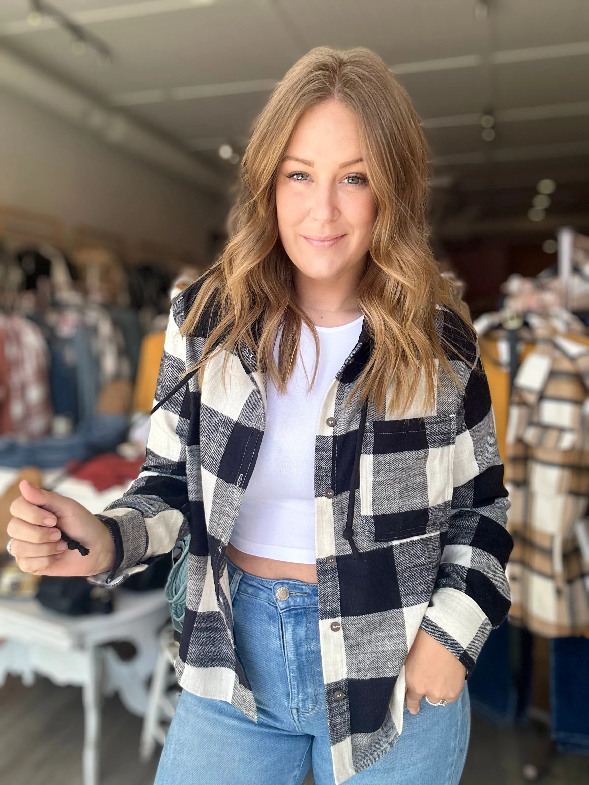Black Plaid Hooded Shirt