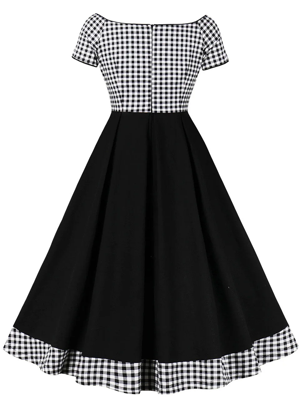 Black Plaid Off Shoulder Short Sleeve 1950S Vintage Dress