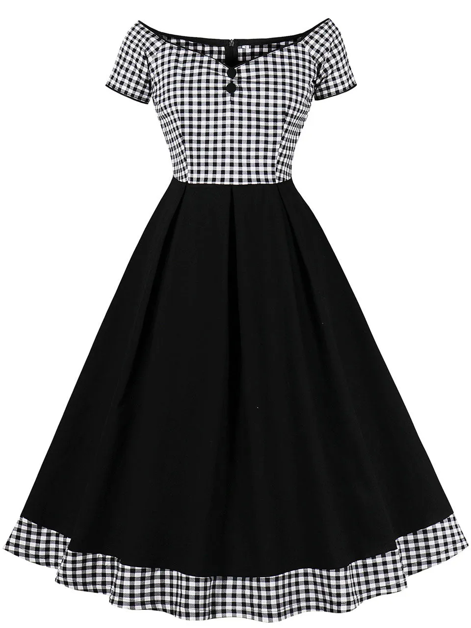 Black Plaid Off Shoulder Short Sleeve 1950S Vintage Dress