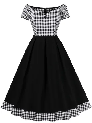 Black Plaid Off Shoulder Short Sleeve 1950S Vintage Dress