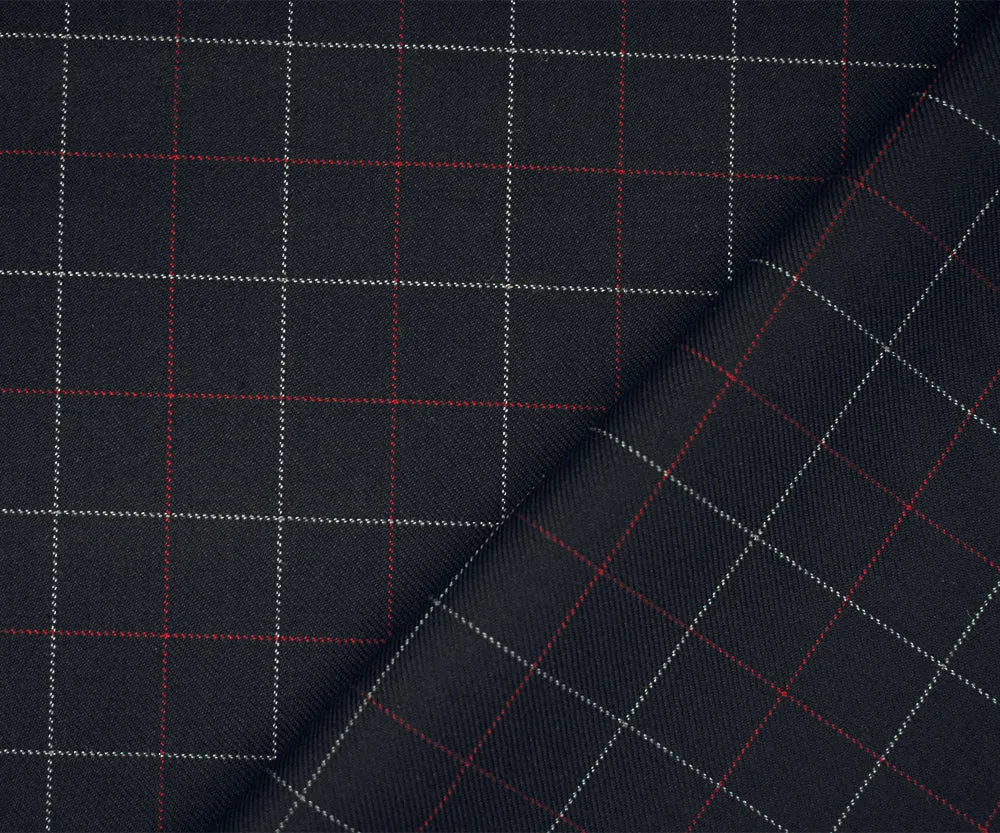 Black-Red-Gray Wool Polyester Check Twill Suiting Woven Fabric
