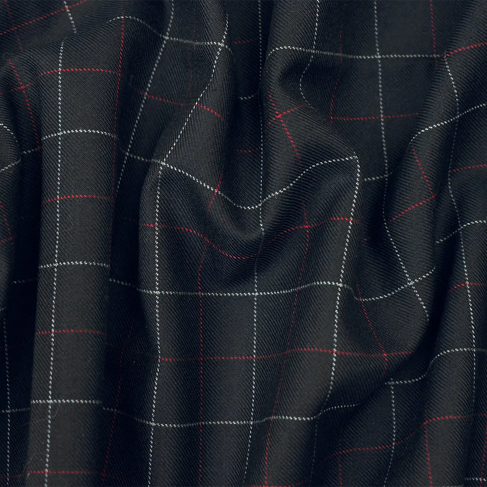 Black-Red-Gray Wool Polyester Check Twill Suiting Woven Fabric
