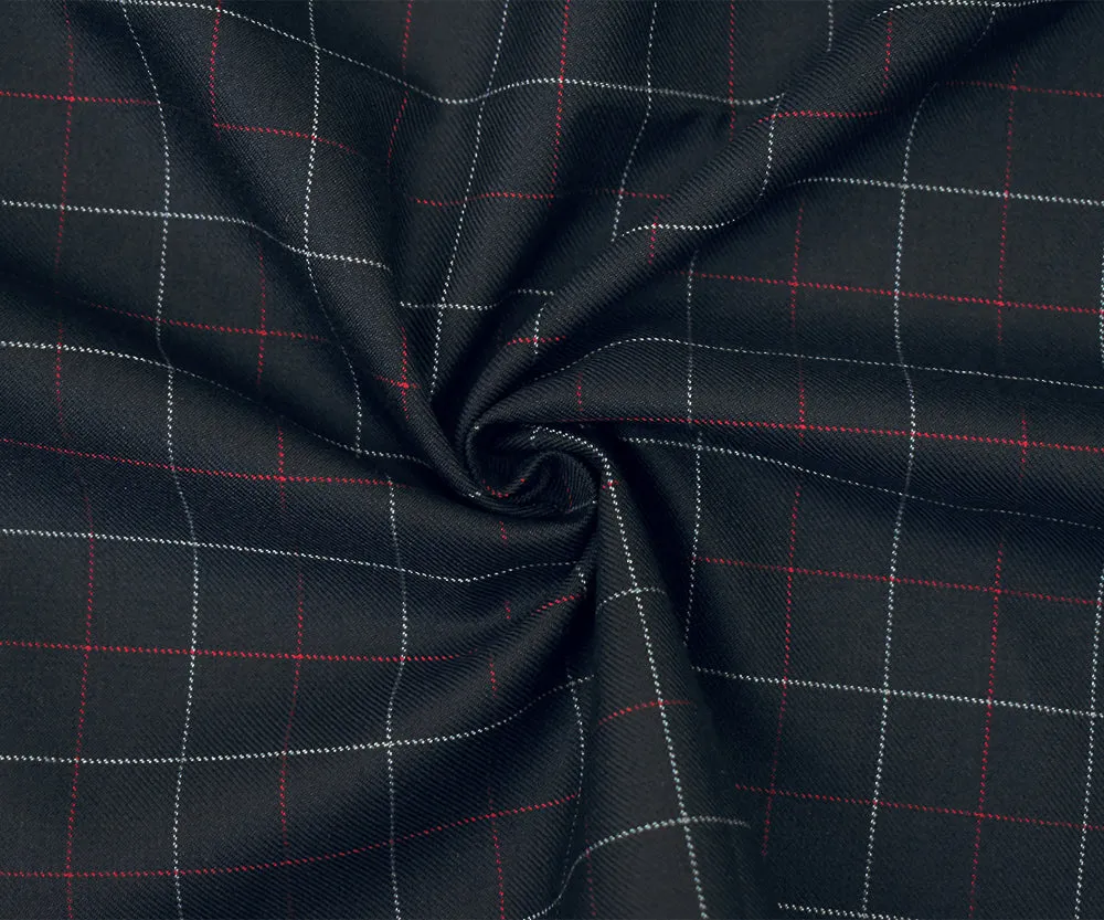 Black-Red-Gray Wool Polyester Check Twill Suiting Woven Fabric