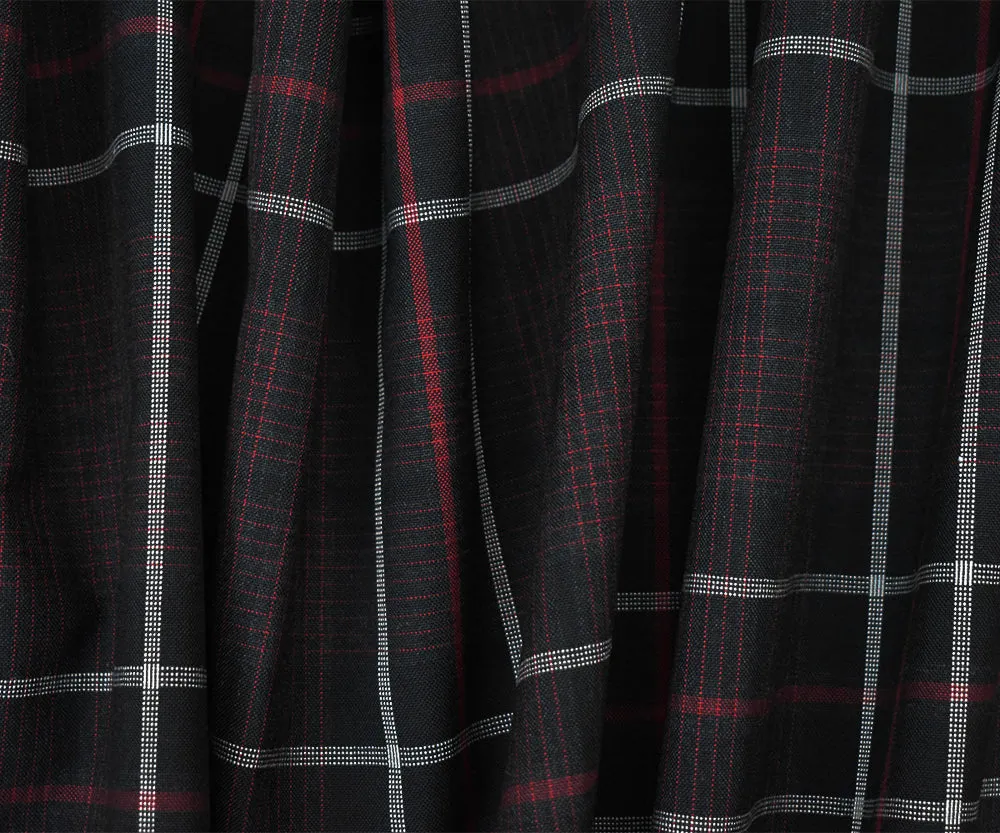 Black-Red-White Wool Polyester Plaid Shirting Woven Fabric