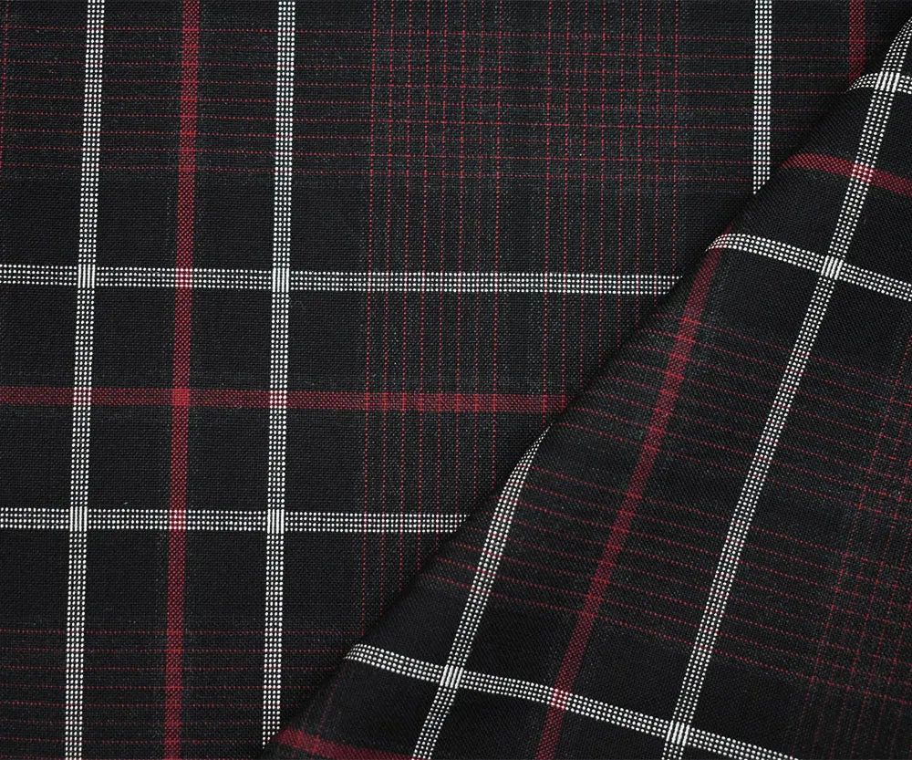 Black-Red-White Wool Polyester Plaid Shirting Woven Fabric