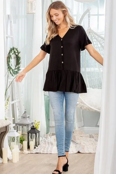 Black Ruffled V-Neck Short Sleeve Blouse