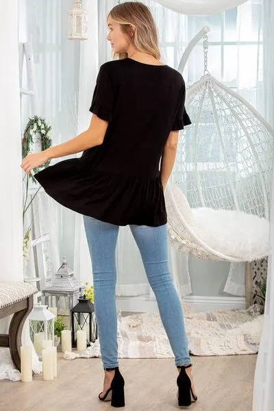 Black Ruffled V-Neck Short Sleeve Blouse