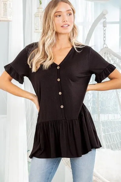 Black Ruffled V-Neck Short Sleeve Blouse