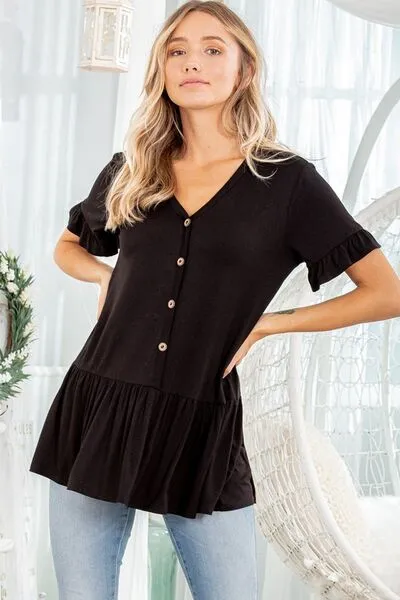 Black Ruffled V-Neck Short Sleeve Blouse