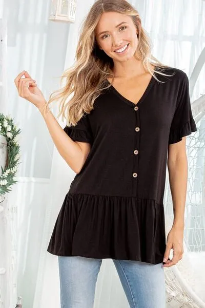 Black Ruffled V-Neck Short Sleeve Blouse