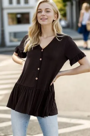 Black Ruffled V-Neck Short Sleeve Blouse