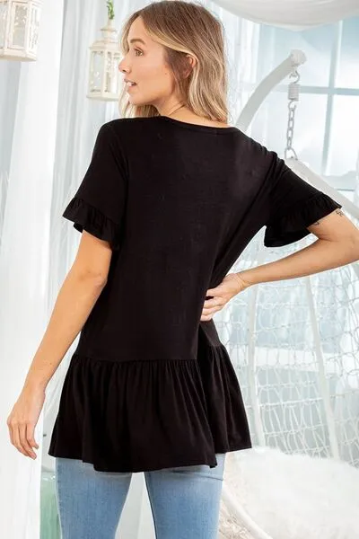 Black Ruffled V-Neck Short Sleeve Blouse