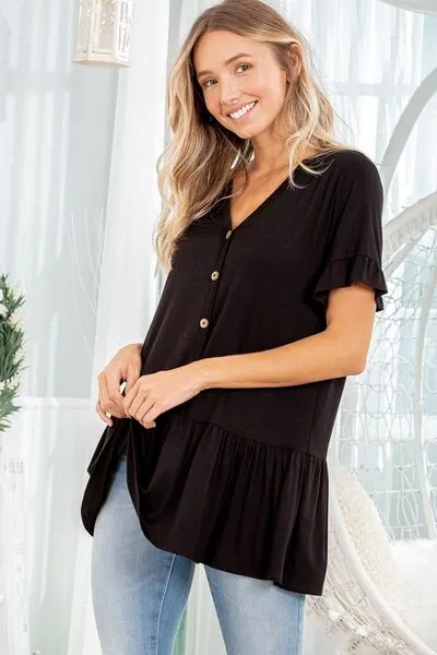 Black Ruffled V-Neck Short Sleeve Blouse