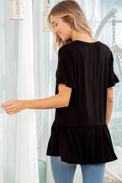 Black Ruffled V-Neck Short Sleeve Blouse