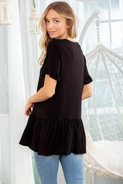Black Ruffled V-Neck Short Sleeve Blouse