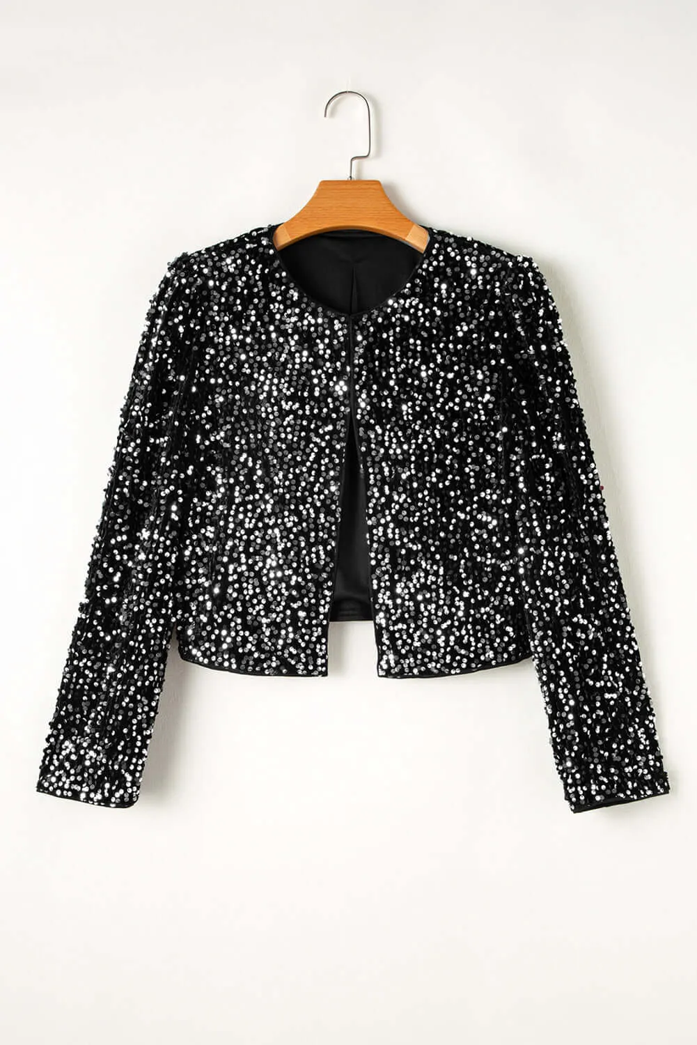 Black Sequined Open Front Cropped Jacket