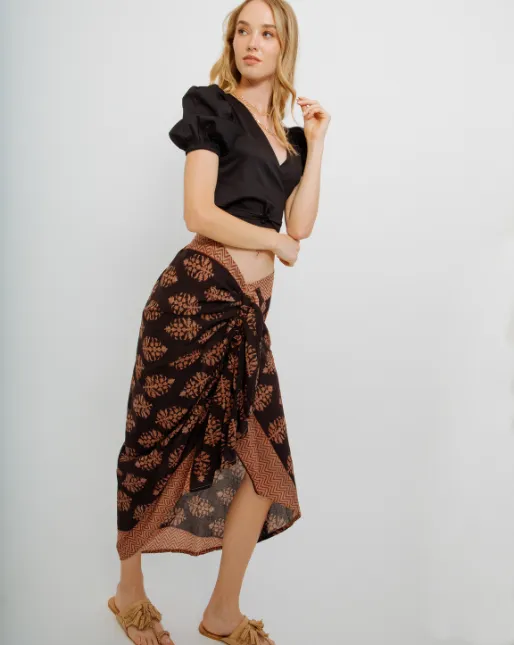 Black/ Terracota Leaves Pareo Skirt
