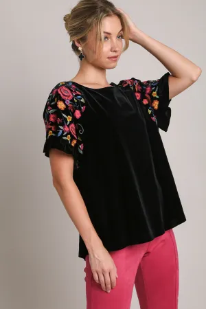Black Velvet Embroidery Short Sleeve Blouse