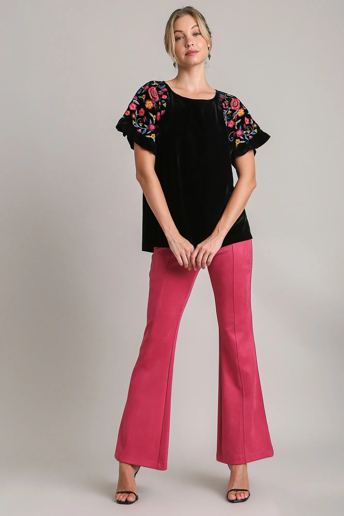 Black Velvet Embroidery Short Sleeve Blouse