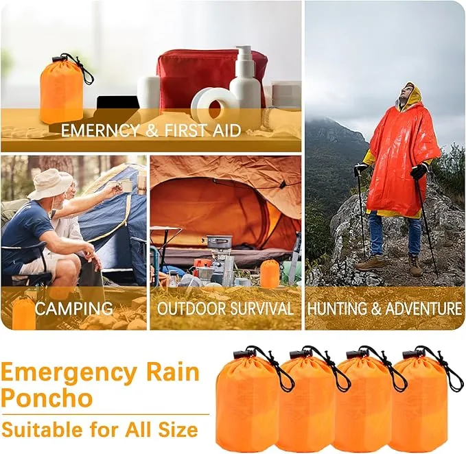 Blcculi 4 Pack Emergency Rain Poncho with Mylar Blanket Liner, Thermal Poncho Survival Blankets,Waterproof Emergency Thermal Blanket for Survival Gear,Camping,Hiking,Outdoor,Heavy Duty (Orange)