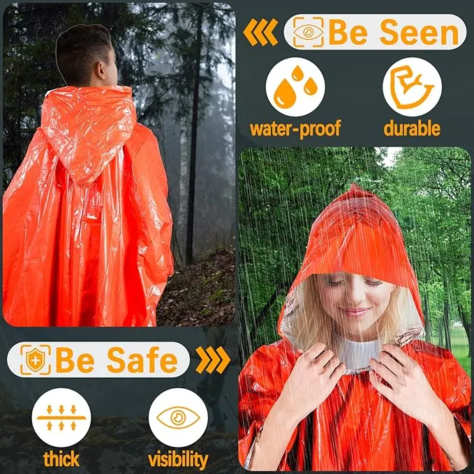Blcculi 4 Pack Emergency Rain Poncho with Mylar Blanket Liner, Thermal Poncho Survival Blankets,Waterproof Emergency Thermal Blanket for Survival Gear,Camping,Hiking,Outdoor,Heavy Duty (Orange)