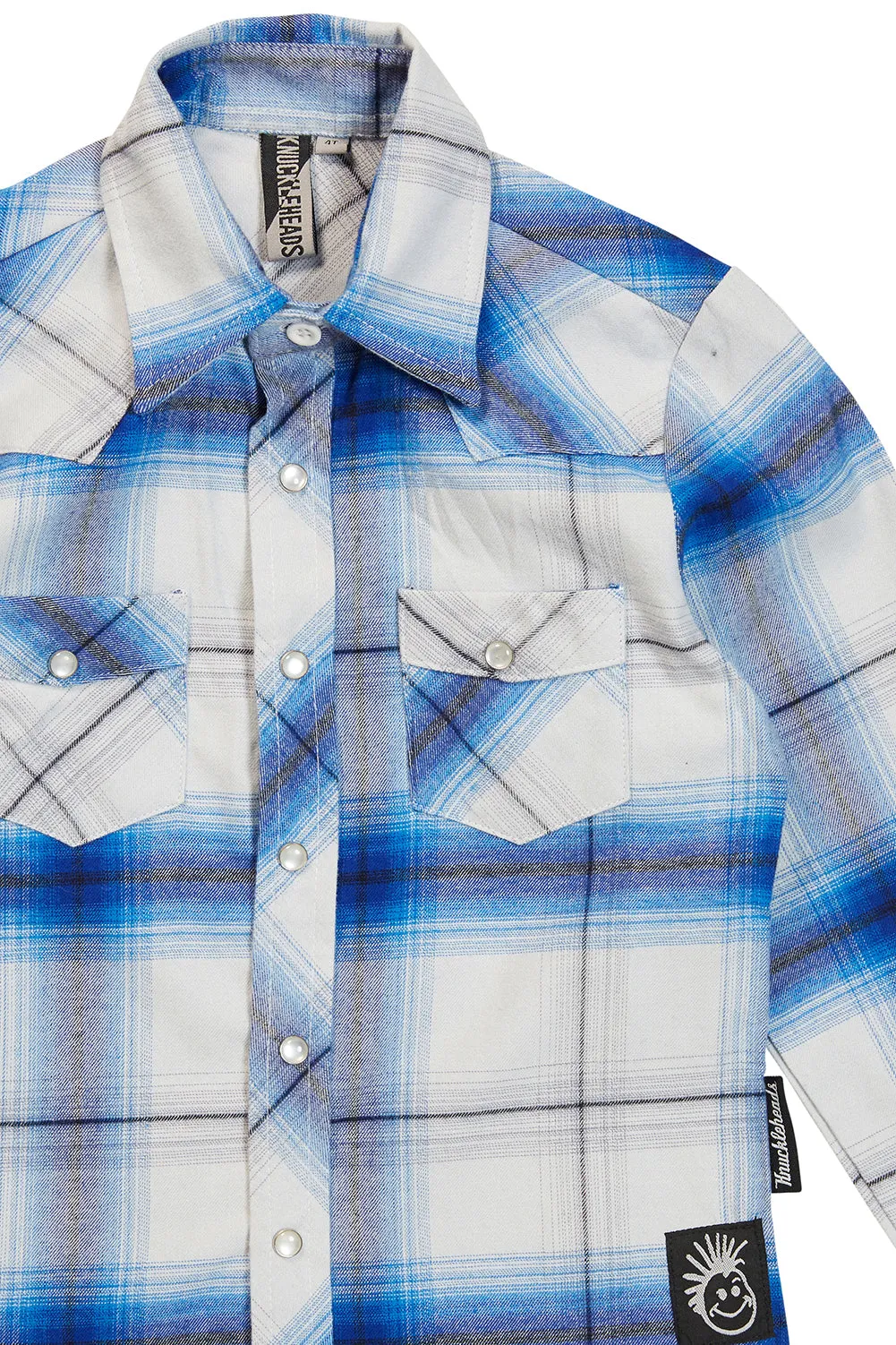 Blue & White Knuckleheads Long Sleeve Plaid Rockabilly Shirt