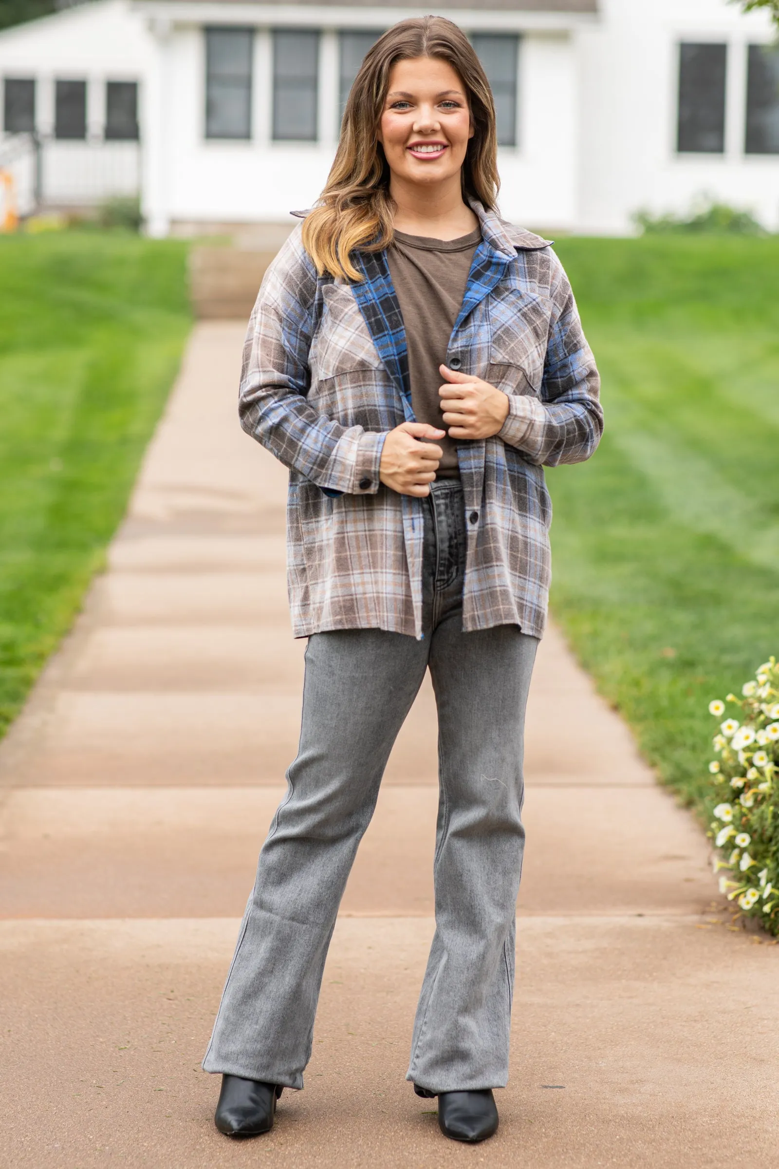 Blue and Brown Washed Plaid Button Up Top