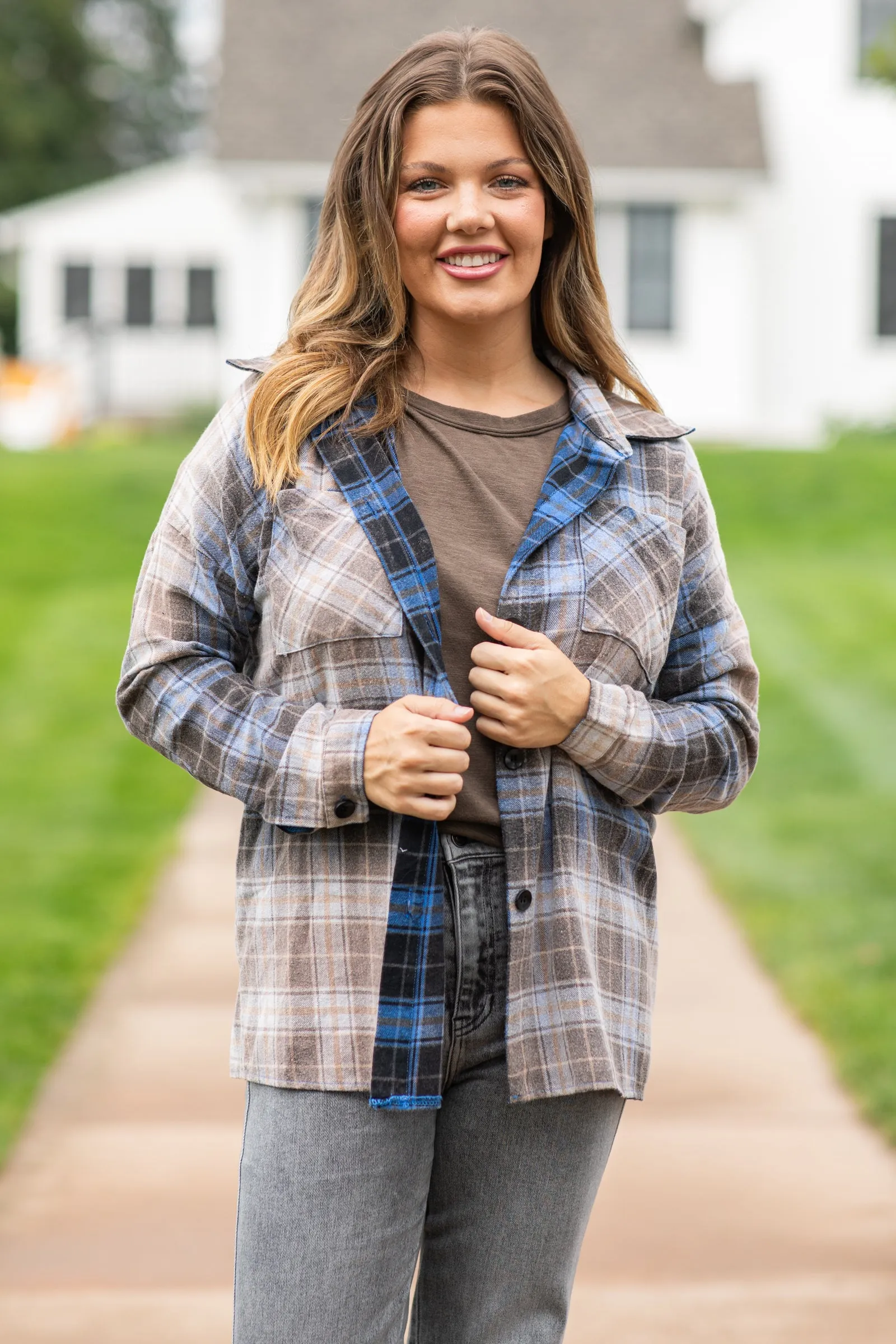 Blue and Brown Washed Plaid Button Up Top