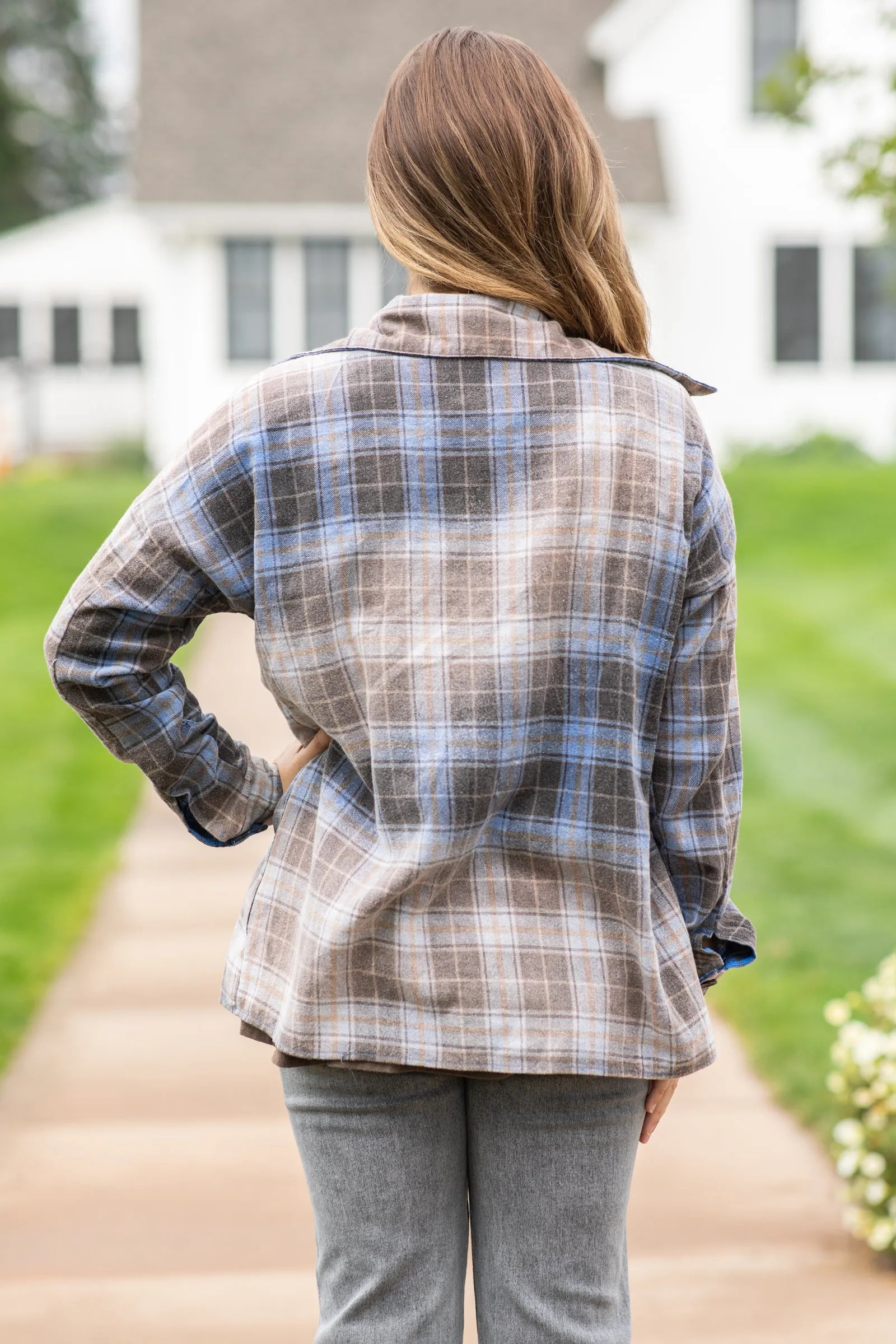 Blue and Brown Washed Plaid Button Up Top