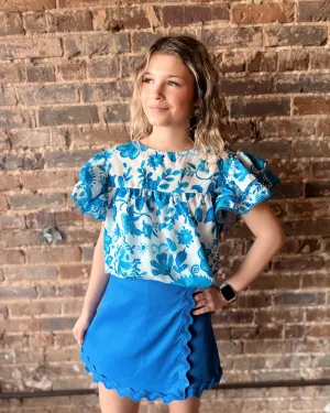 Blue and White Woven Ruffle Sleeve Top