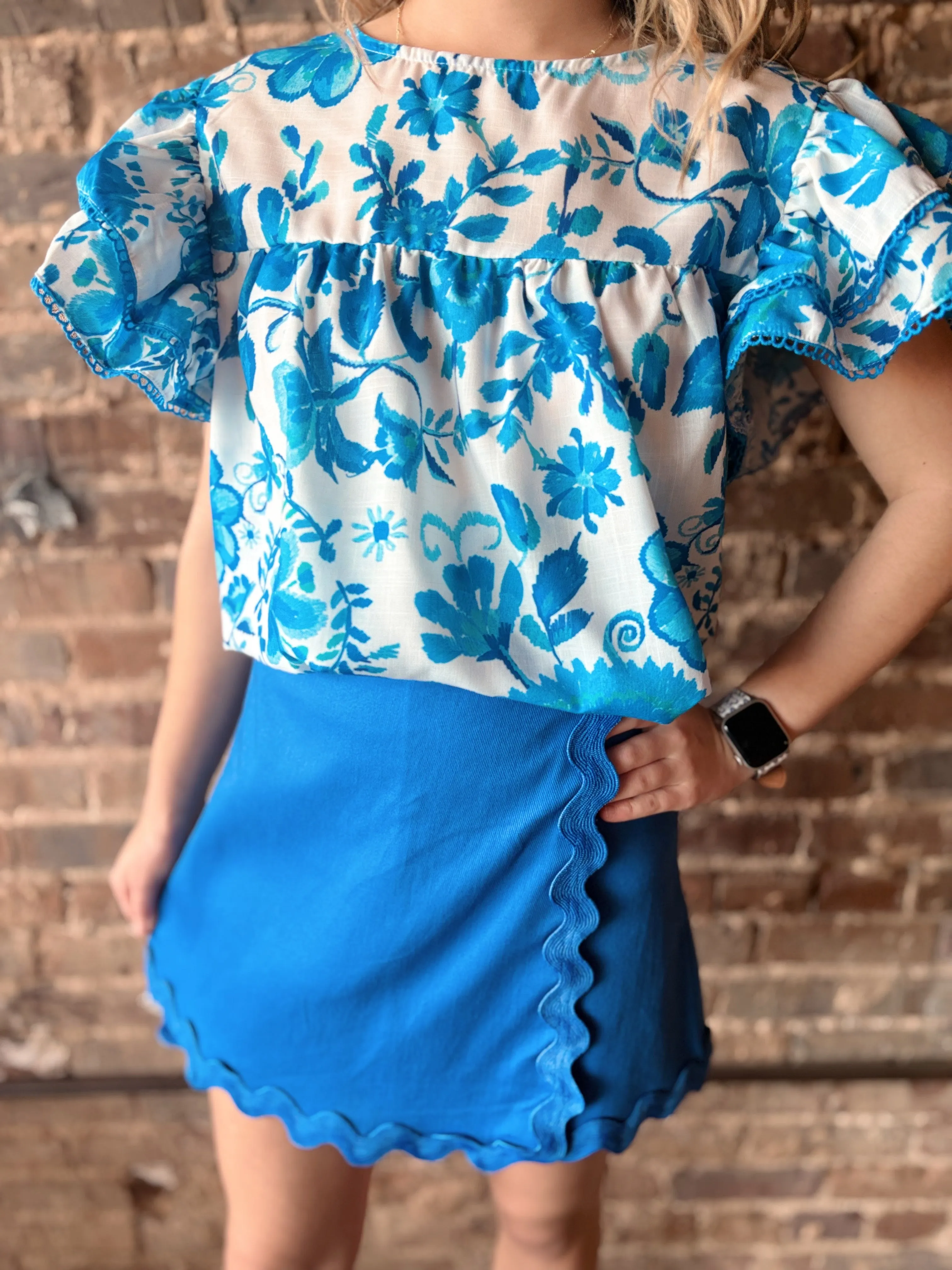 Blue and White Woven Ruffle Sleeve Top