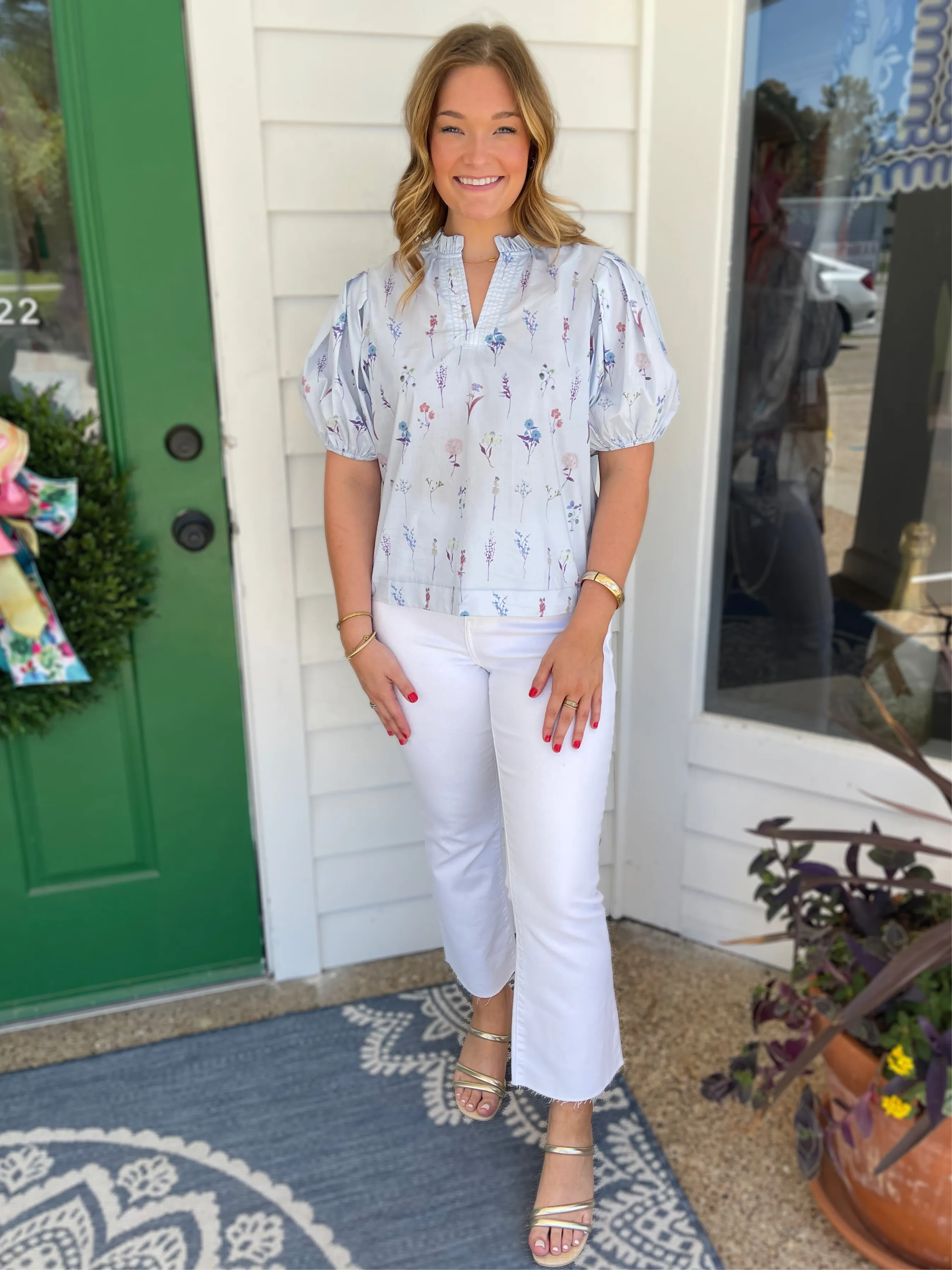 BLUE FLORAL BALLOON SLEEVE BLOUSE